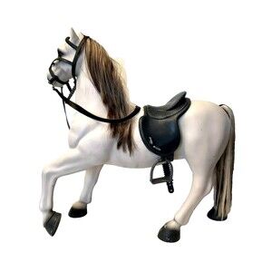 White Battat Belgium Draft Horse with Saddle and Bridle 20"